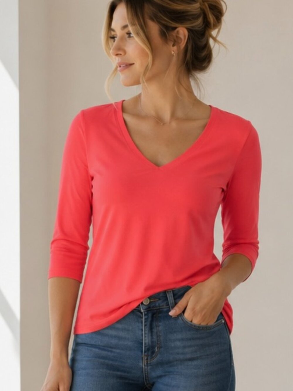 JudyP Deborah 3/4 Sleeve V Neck Top Constant Coral Small USA